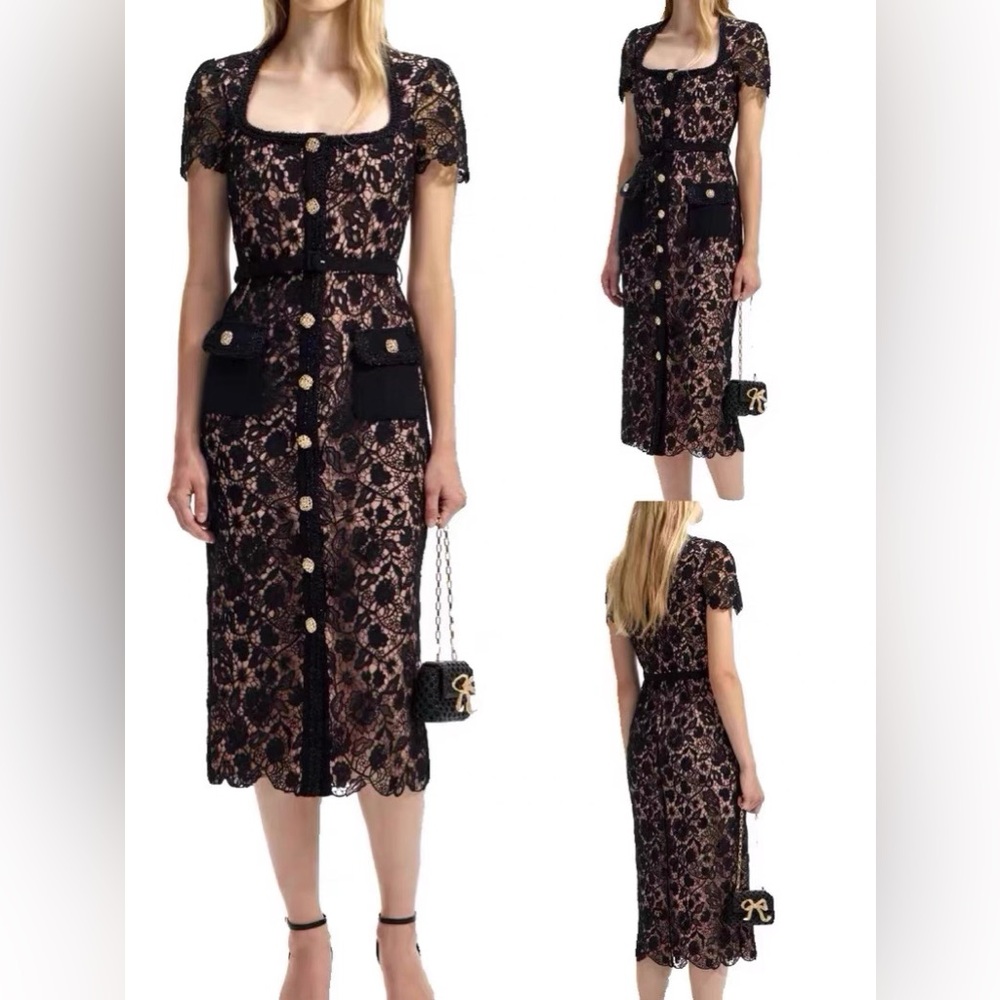 Self-Portrait Black Lace Crystal Embellished Belted Midi Dress UK6/US2 NWOT